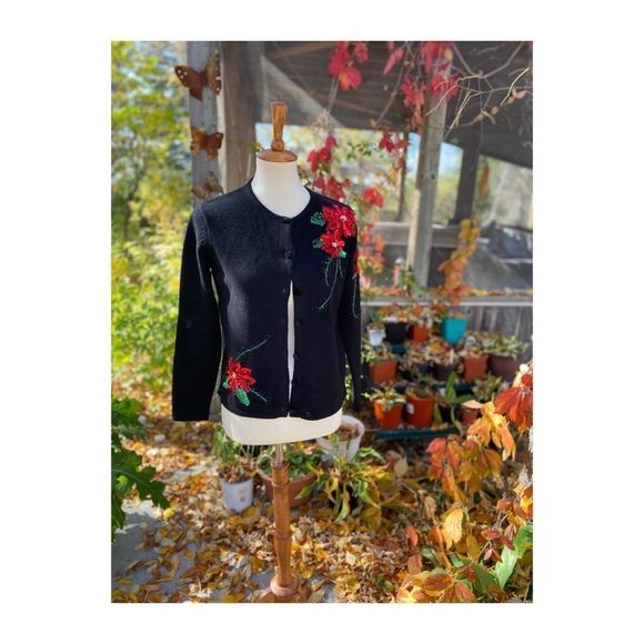 Y2K Cardigan Sweater Floral Sequin Beads Black red - Picture 2 of 9
